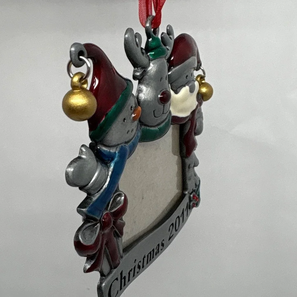 Christmas 2011 Photo Frame Ornament Snowman Reindeer Santa Bells Metal‎